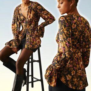 ANTHROPOLOGIE Deep-V Floral Bell Sleeve Button Up Tunic Sz Small